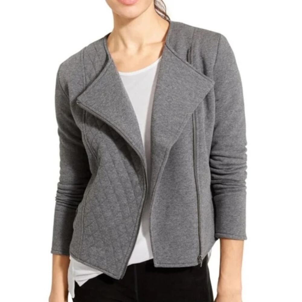 ATHLETA heather gray cotton blend quilted Belvedere asymmetrical moto jacket
